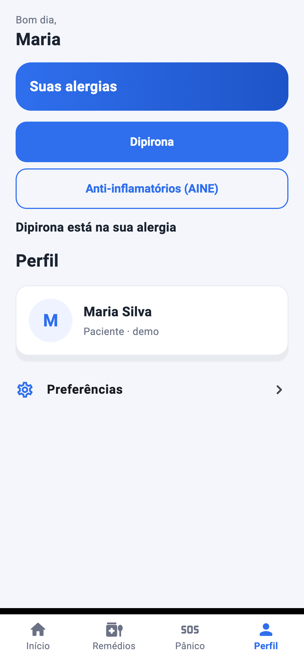 App paciente: cadastro de alergia à dipirona, com navegação inferior