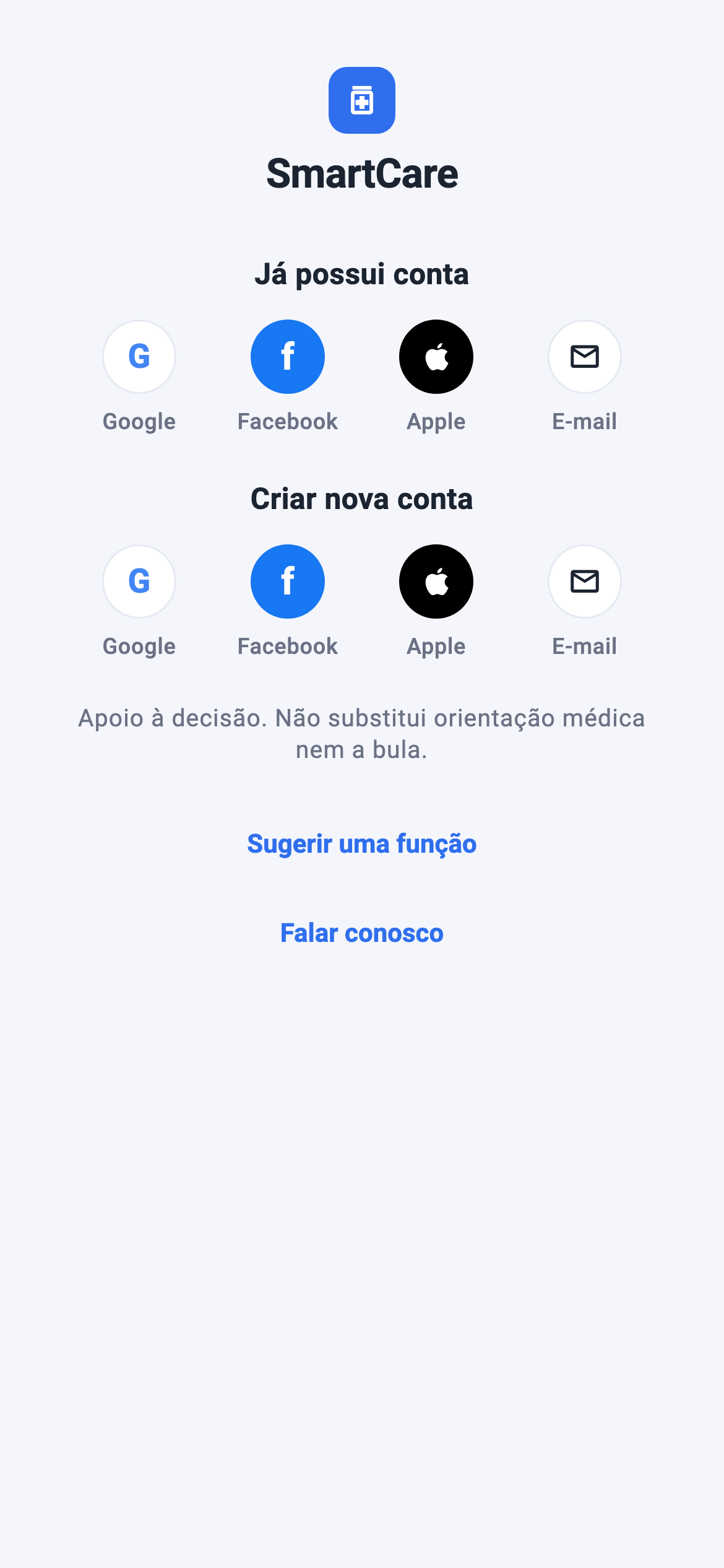 Entrada da conta: já possui conta e criar nova conta, com Google, Facebook, Apple e e-mail