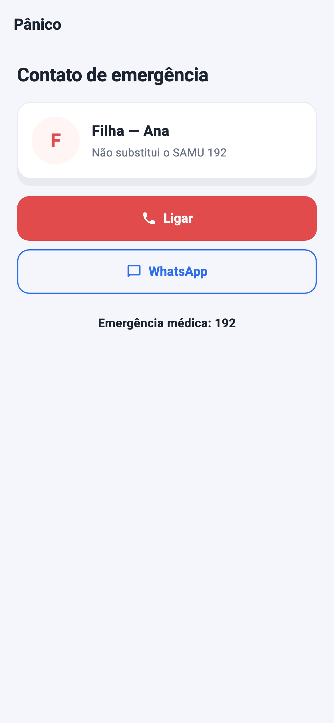 App: contato de emergência Ligar e WhatsApp