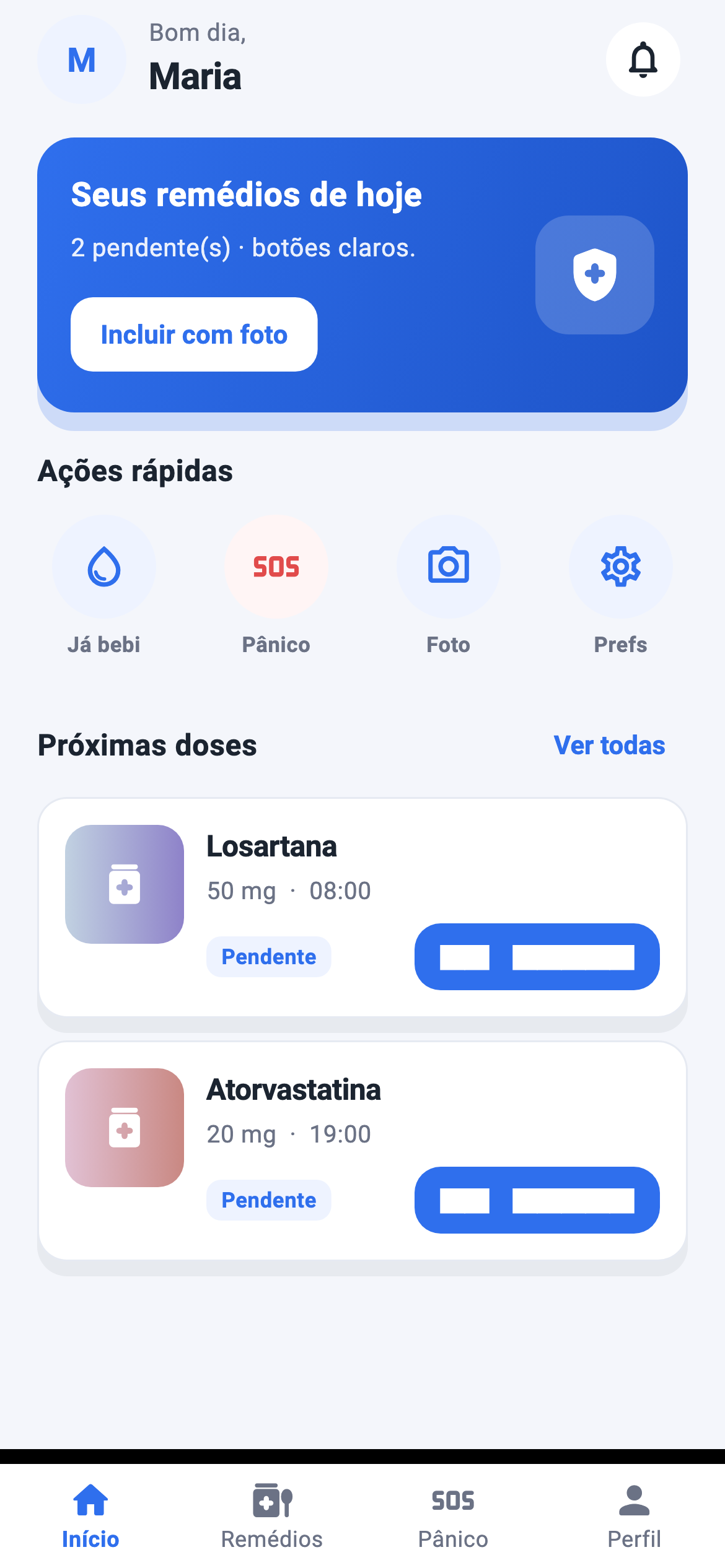 Tela real do app: Meus remédios com Losartana e Atorvastatina