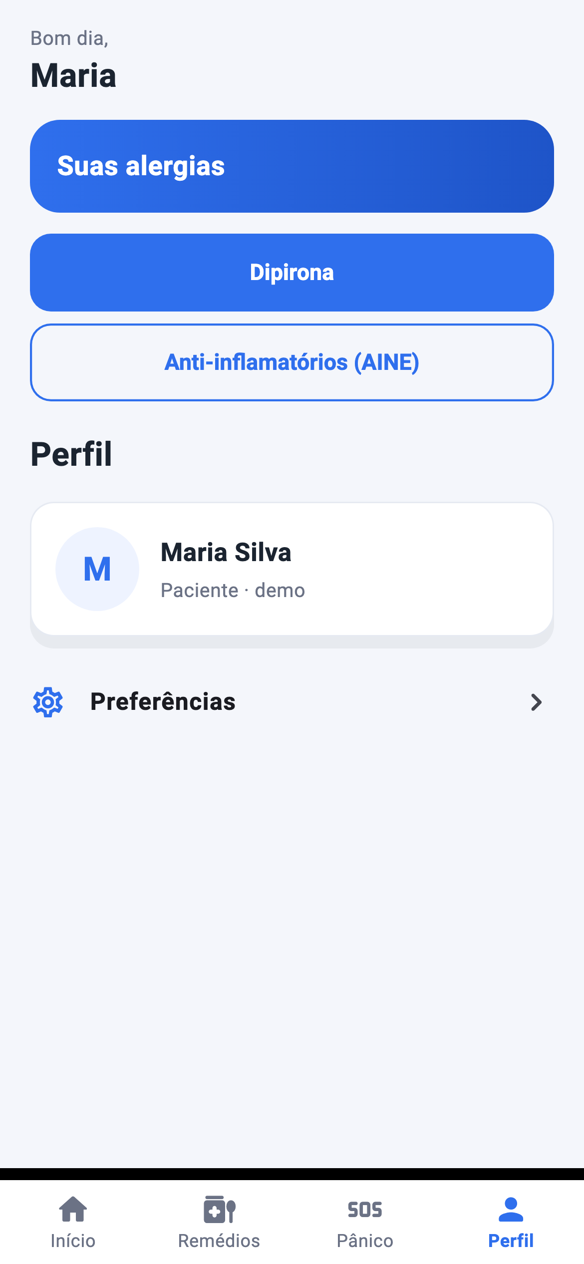 Perfil de Maria Silva, paciente demo, com Dipirona e anti-inflamatórios