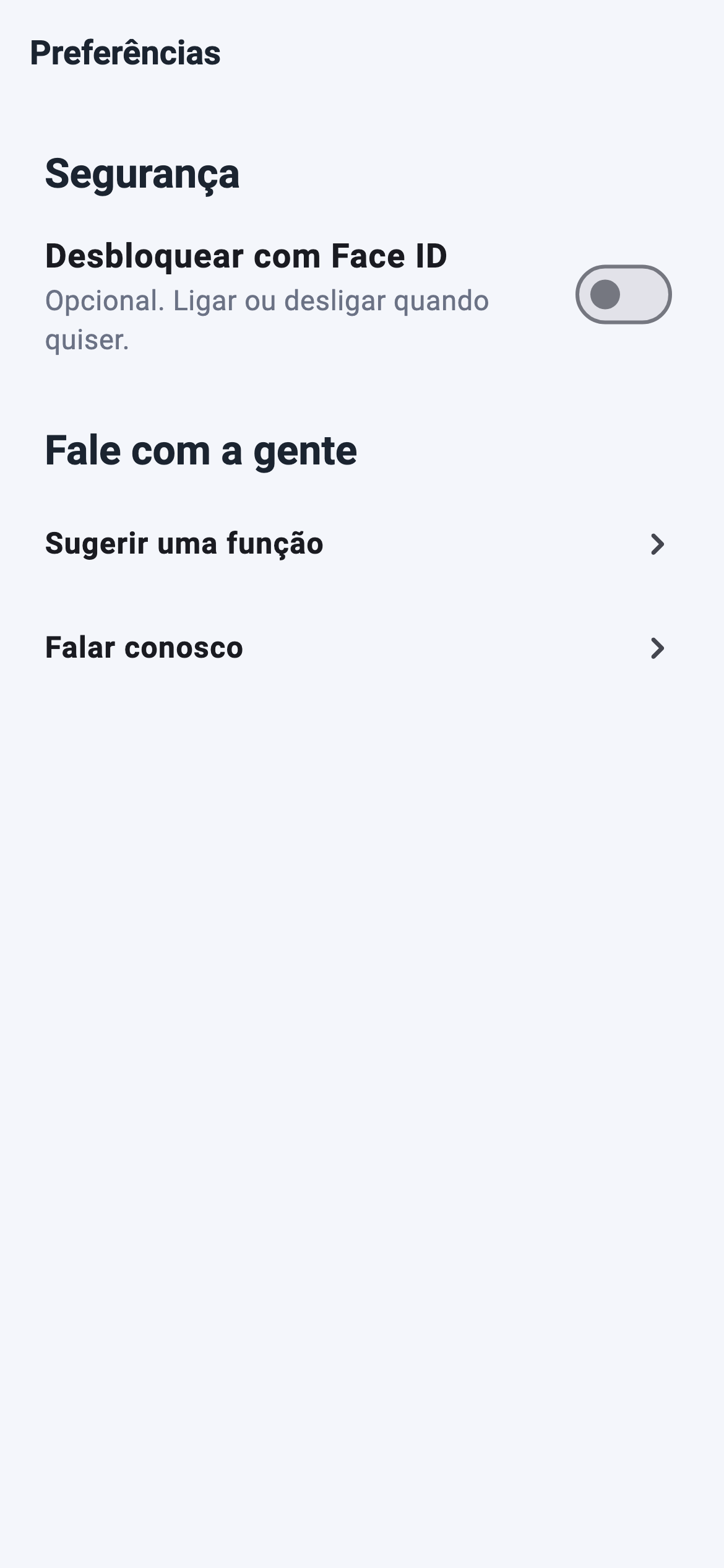 Preferências com o interruptor de Face ID e os links de sugestão e contato