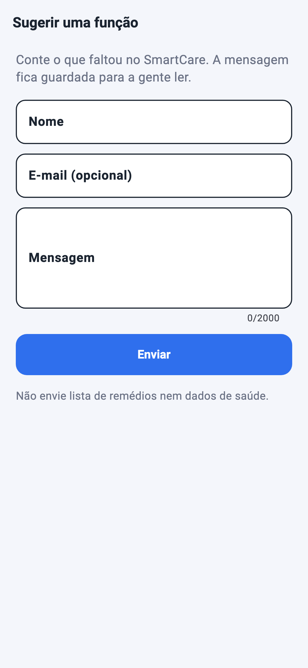 Formulário Sugerir uma função, com nome, e-mail opcional e mensagem